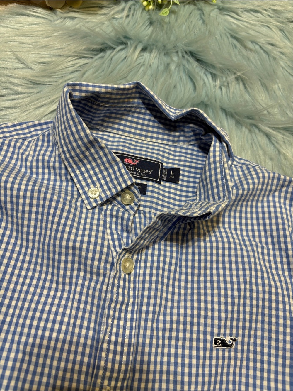 Vineyard Vines Blue and White Gingham Whale Button-Down Shirt sz L - Picture 2 of 8